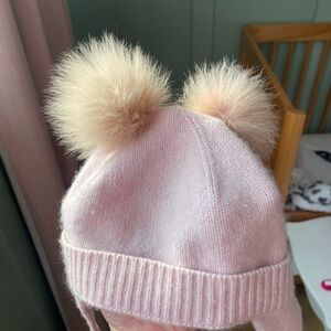 Mackage Light Pink Kids Hat with Cream Pom-Poms